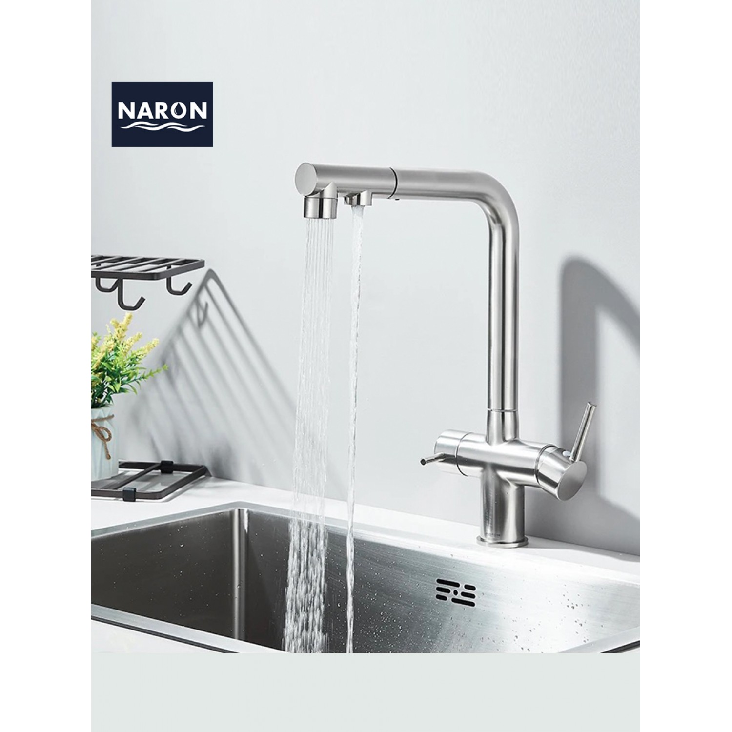 NARON Τρίοδη Μπαταρία Κουζίνας με προεκτεινόμενο ντουζ διπλής ροής NR1088 MAT NICKEL
