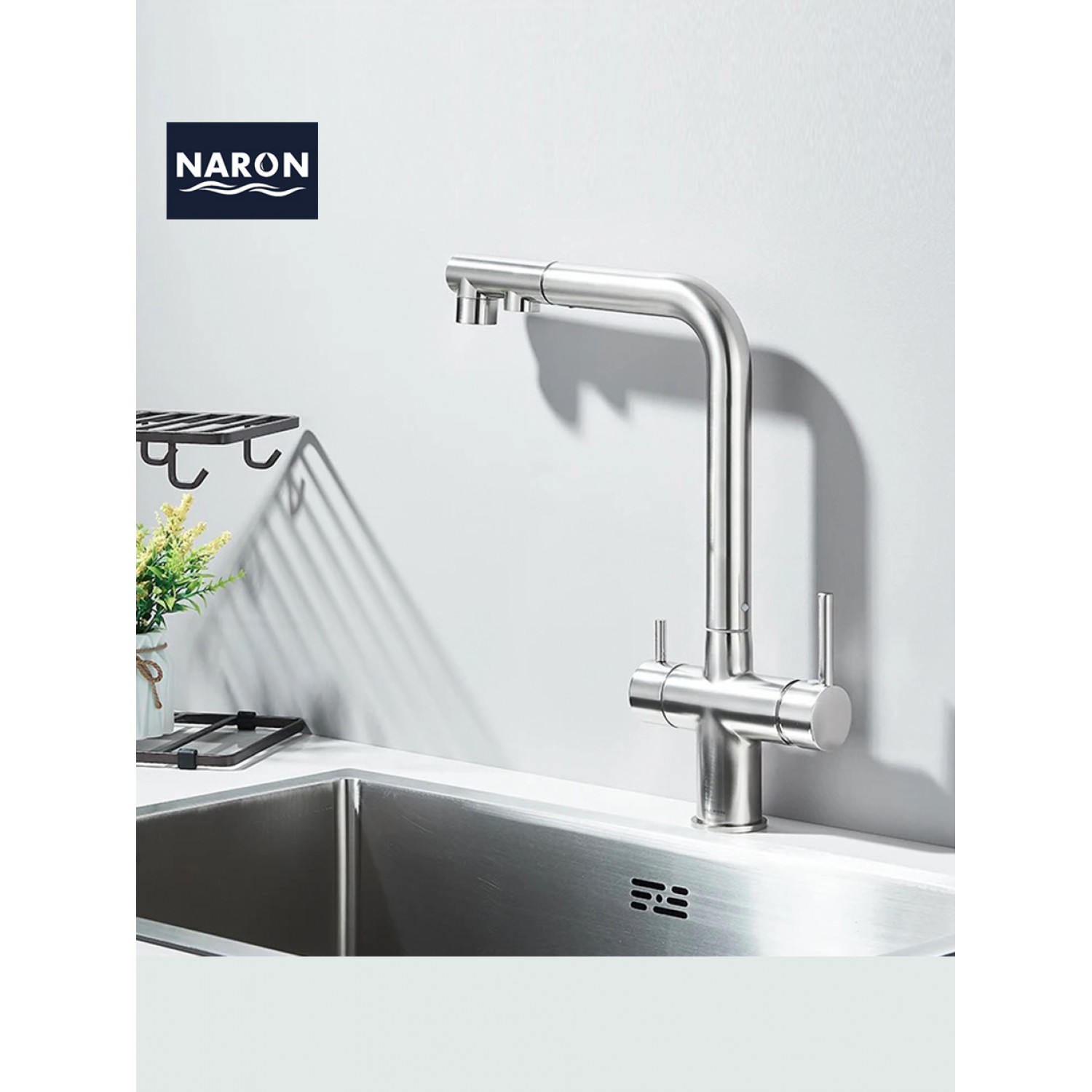 NARON Τρίοδη Μπαταρία Κουζίνας με προεκτεινόμενο ντουζ διπλής ροής NR1088 MAT NICKEL