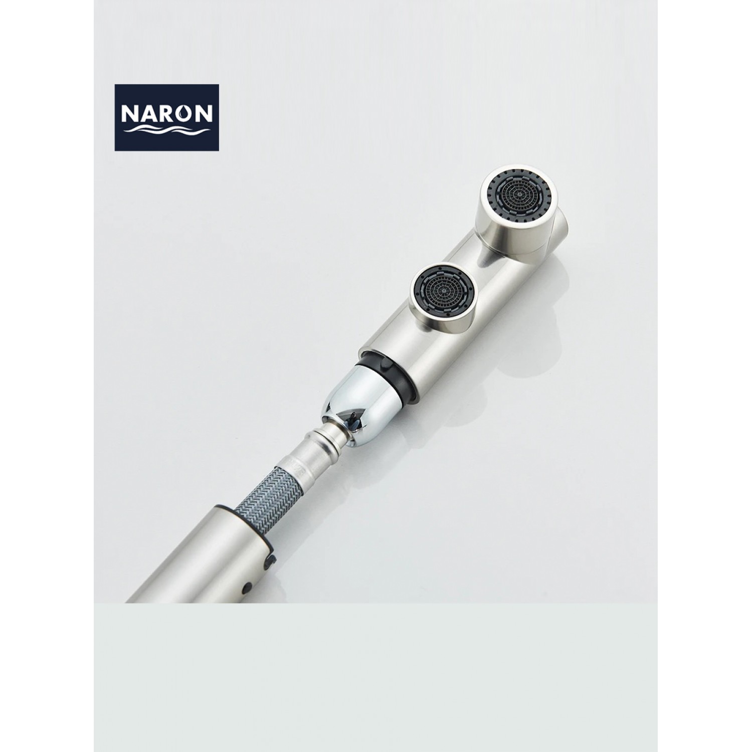 NARON Τρίοδη Μπαταρία Κουζίνας με προεκτεινόμενο ντουζ διπλής ροής NR1088 MAT NICKEL