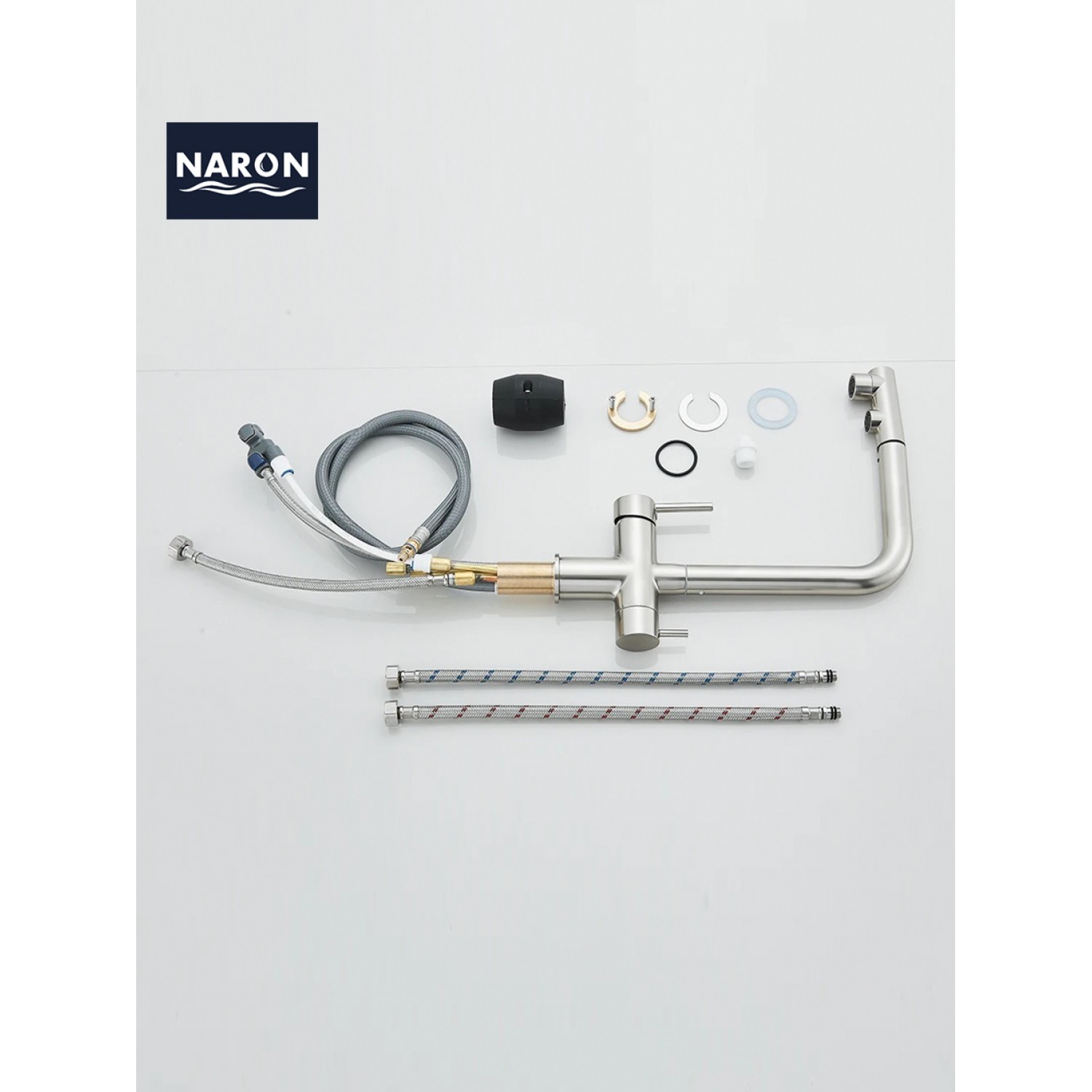 NARON Τρίοδη Μπαταρία Κουζίνας με προεκτεινόμενο ντουζ διπλής ροής NR1088 MAT NICKEL