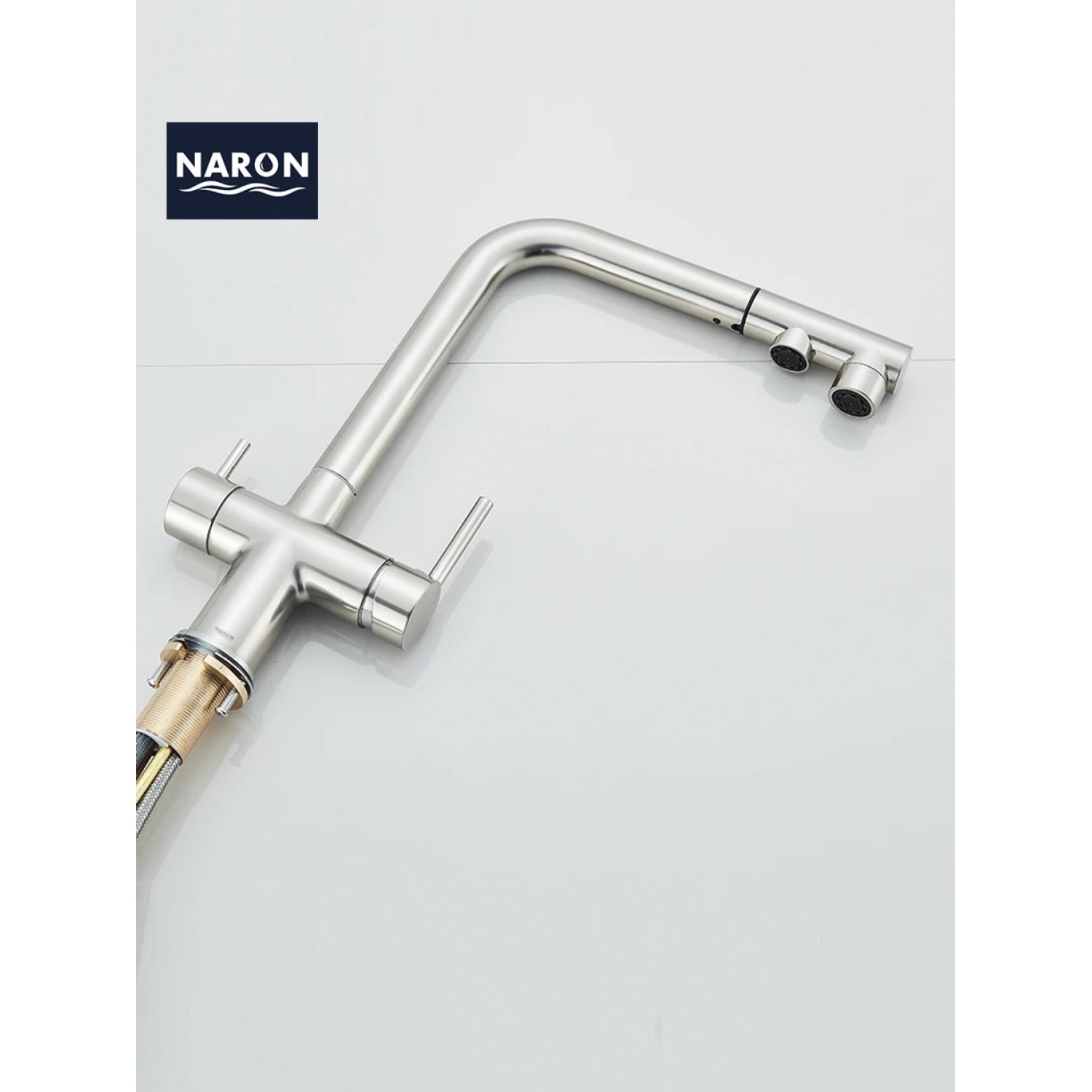 NARON Τρίοδη Μπαταρία Κουζίνας με προεκτεινόμενο ντουζ διπλής ροής NR1088 MAT NICKEL
