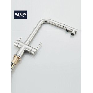 NARON Τρίοδη Μπαταρία Κουζίνας με προεκτεινόμενο ντουζ διπλής ροής NR1088 MAT NICKEL