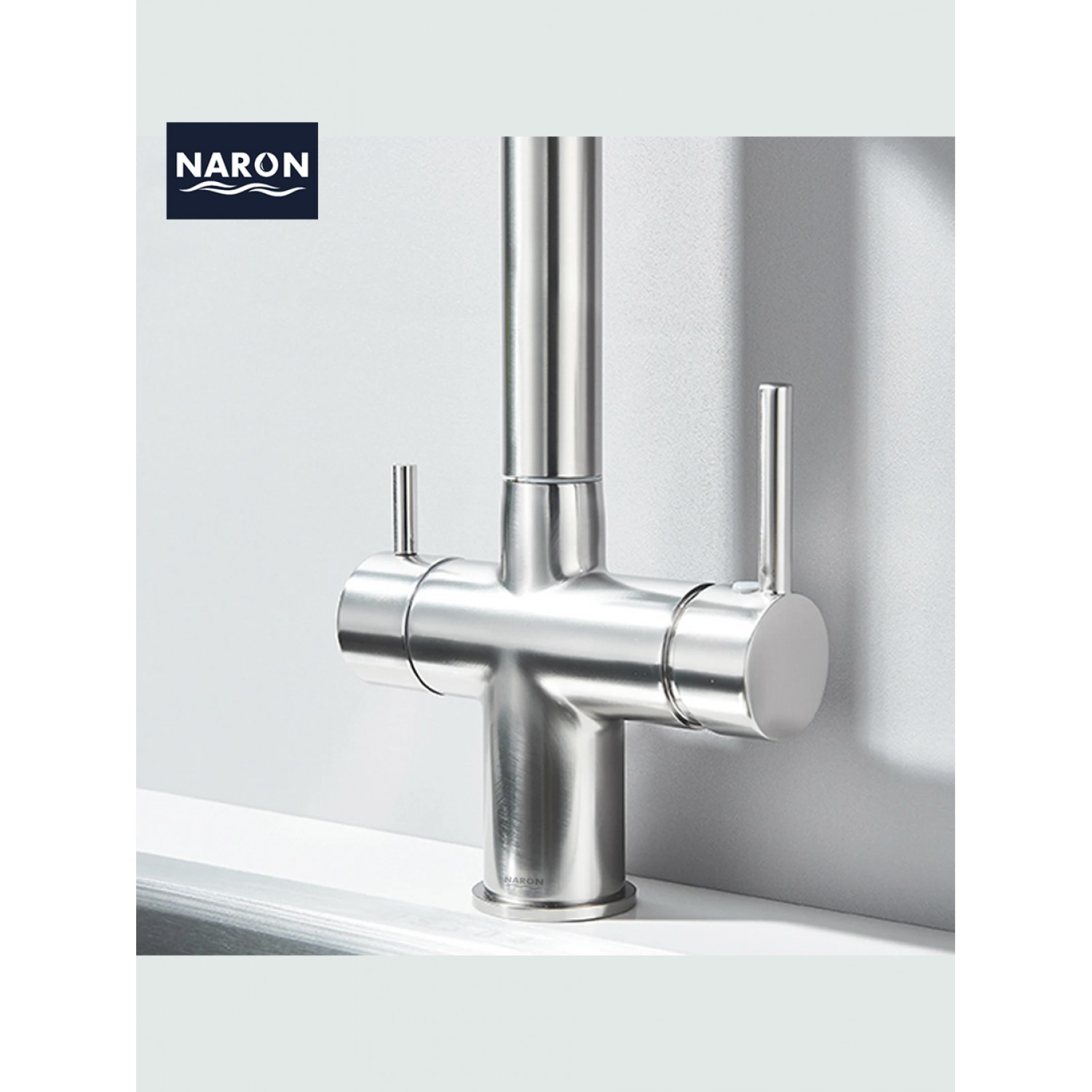 NARON Τρίοδη Μπαταρία Κουζίνας με προεκτεινόμενο ντουζ διπλής ροής NR1088 MAT NICKEL