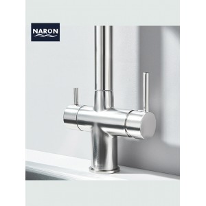 NARON Τρίοδη Μπαταρία Κουζίνας με προεκτεινόμενο ντουζ διπλής ροής NR1088 MAT NICKEL