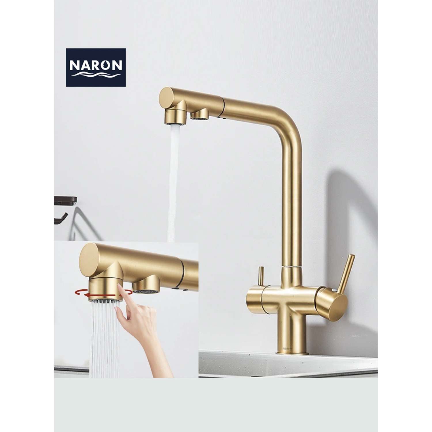 NARON Τρίοδη Μπαταρία Κουζίνας με προεκτεινόμενο ντουζ διπλής ροής NR1088 BRUSHED GOLD