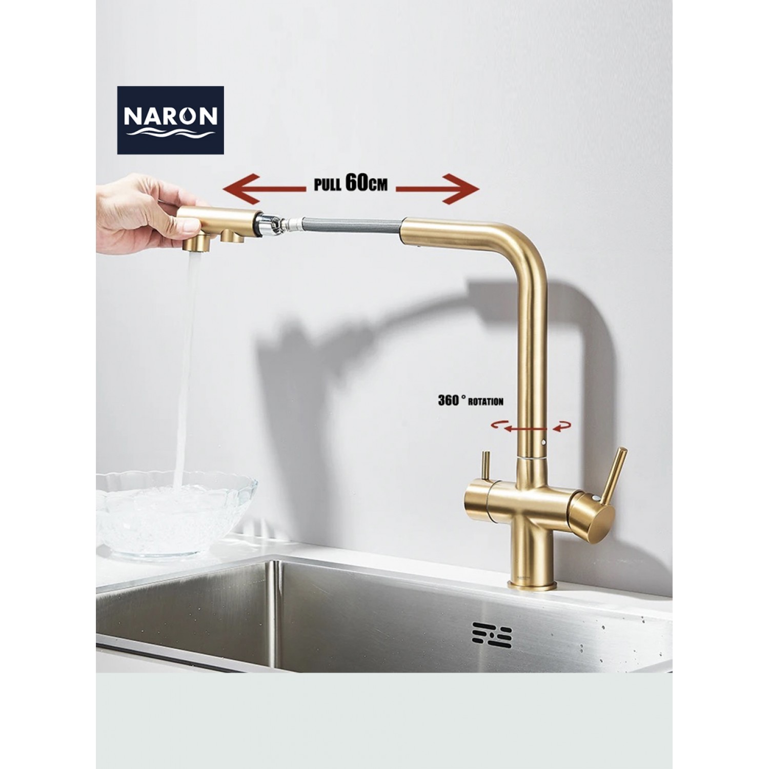 NARON Τρίοδη Μπαταρία Κουζίνας με προεκτεινόμενο ντουζ διπλής ροής NR1088 BRUSHED GOLD