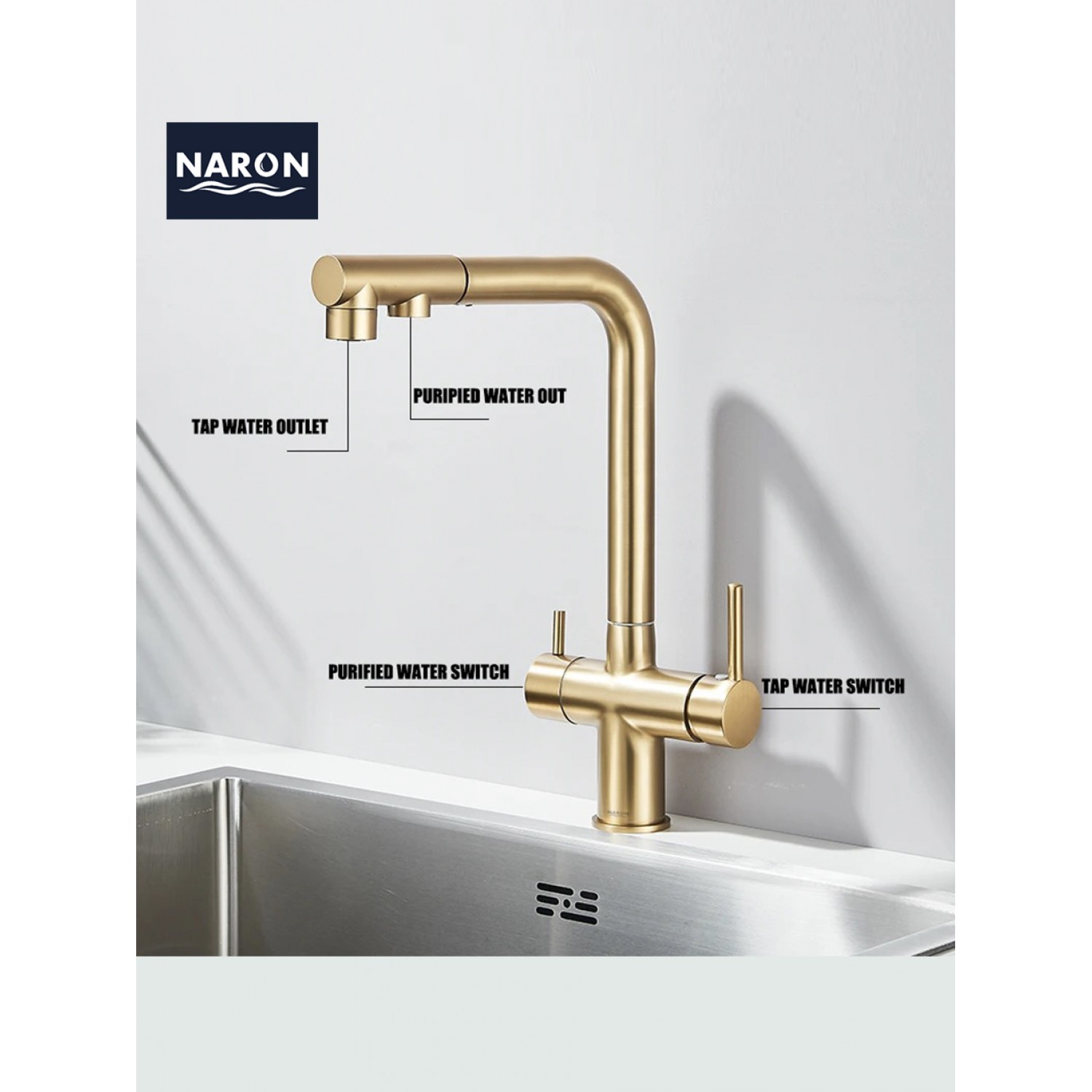 NARON Τρίοδη Μπαταρία Κουζίνας με προεκτεινόμενο ντουζ διπλής ροής NR1088 BRUSHED GOLD