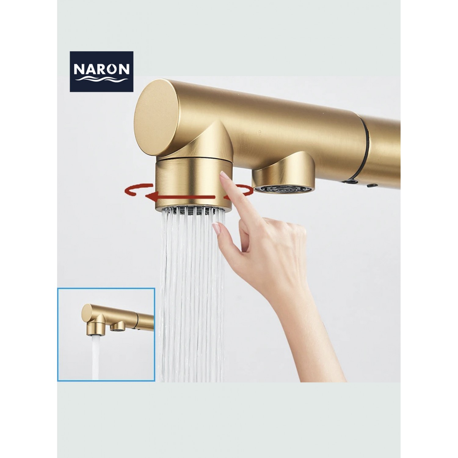 NARON Τρίοδη Μπαταρία Κουζίνας με προεκτεινόμενο ντουζ διπλής ροής NR1088 BRUSHED GOLD