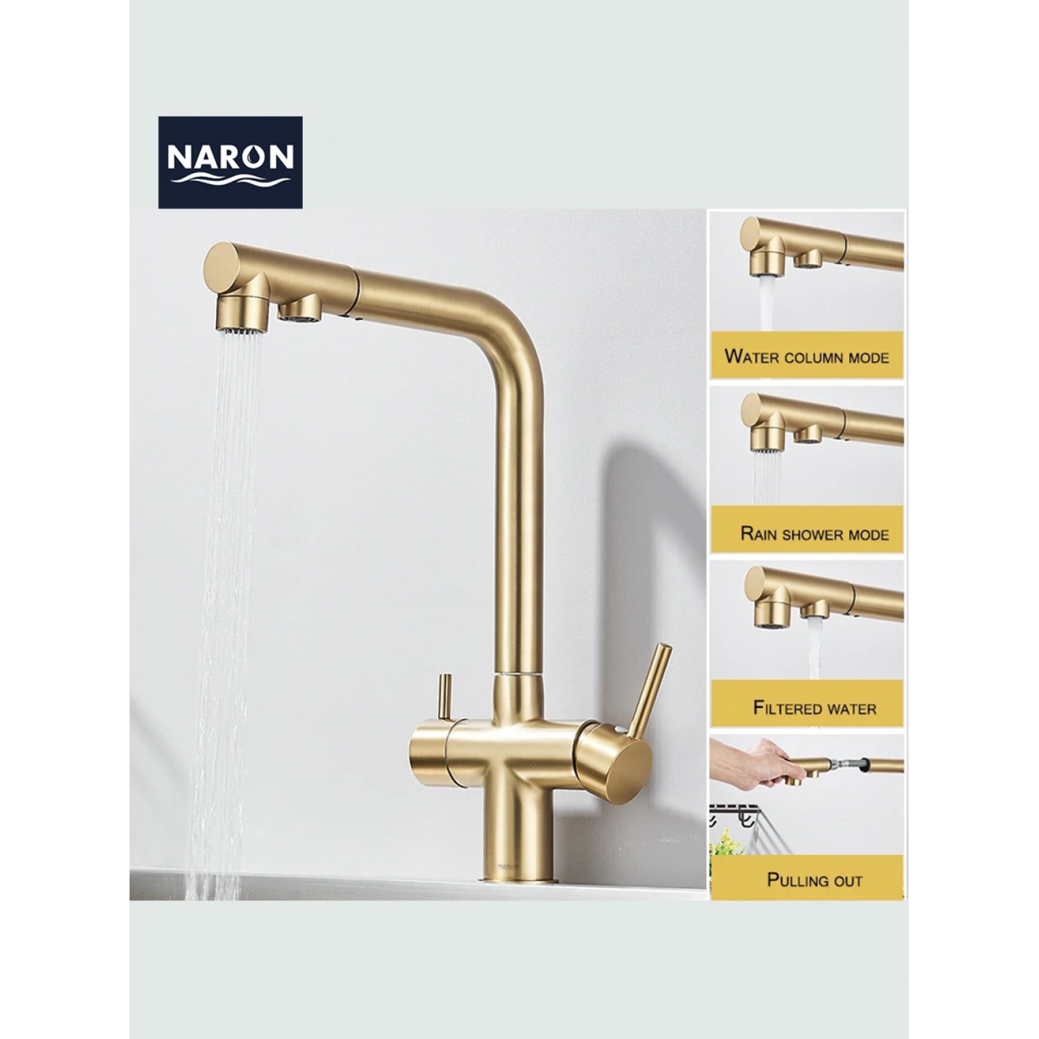 NARON Τρίοδη Μπαταρία Κουζίνας με προεκτεινόμενο ντουζ διπλής ροής NR1088 BRUSHED GOLD