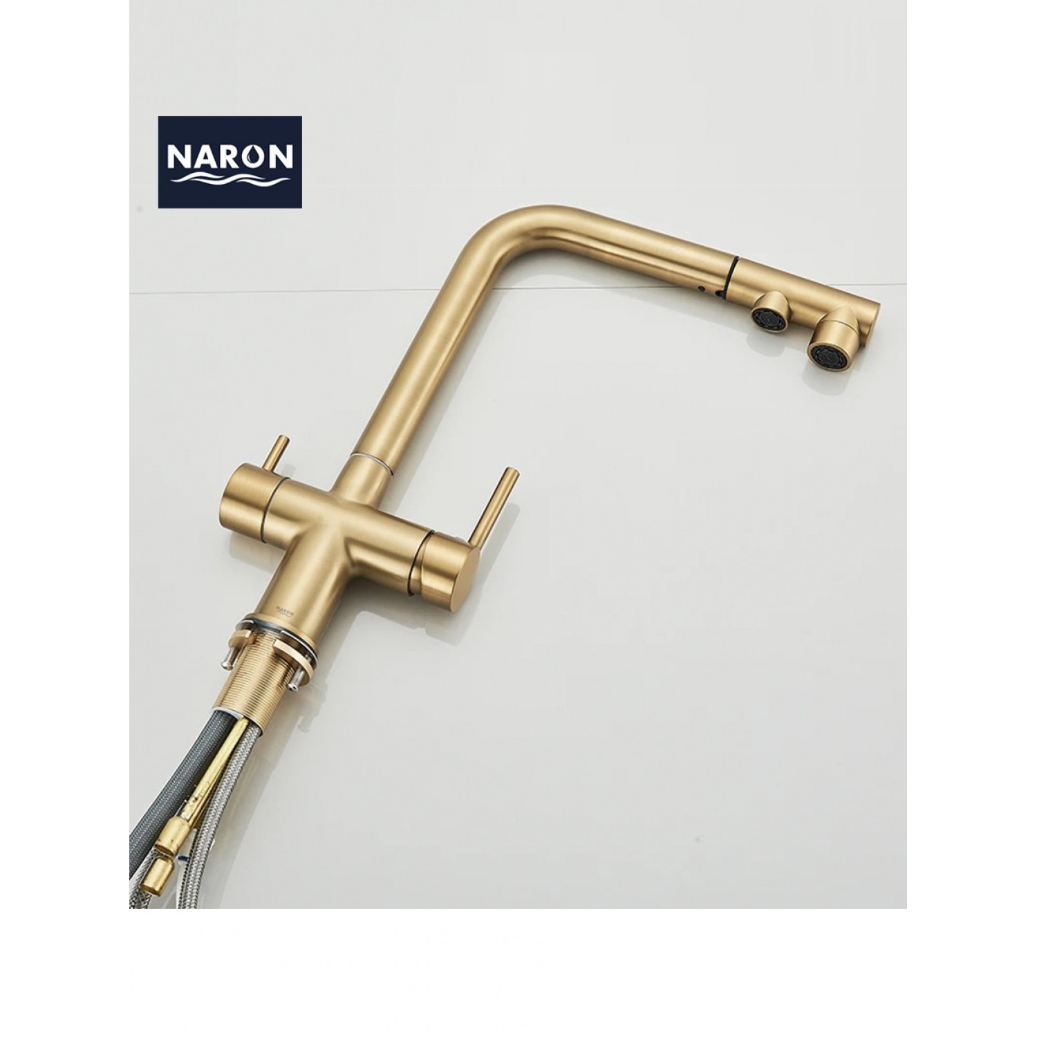 NARON Τρίοδη Μπαταρία Κουζίνας με προεκτεινόμενο ντουζ διπλής ροής NR1088 BRUSHED GOLD