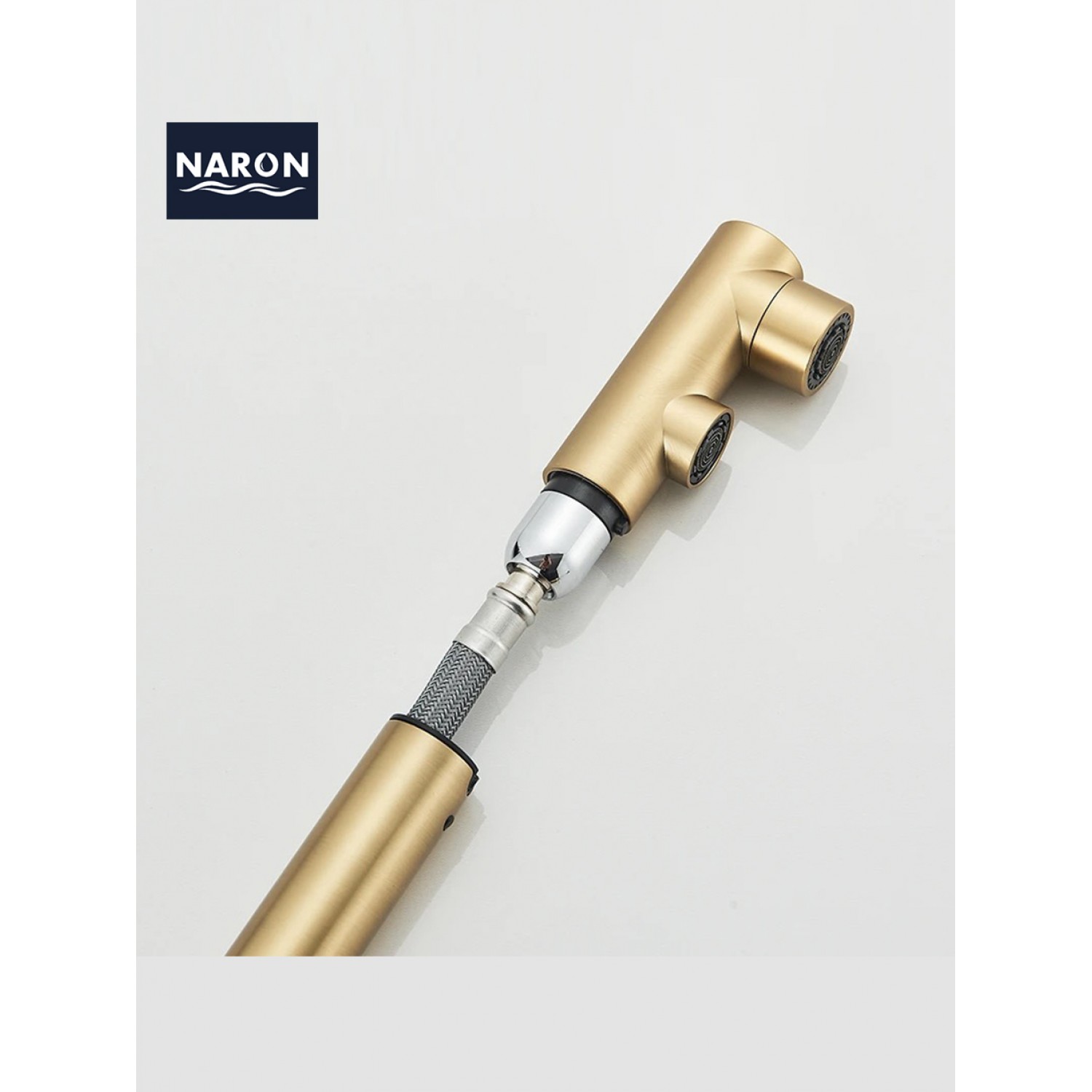 NARON Τρίοδη Μπαταρία Κουζίνας με προεκτεινόμενο ντουζ διπλής ροής NR1088 BRUSHED GOLD