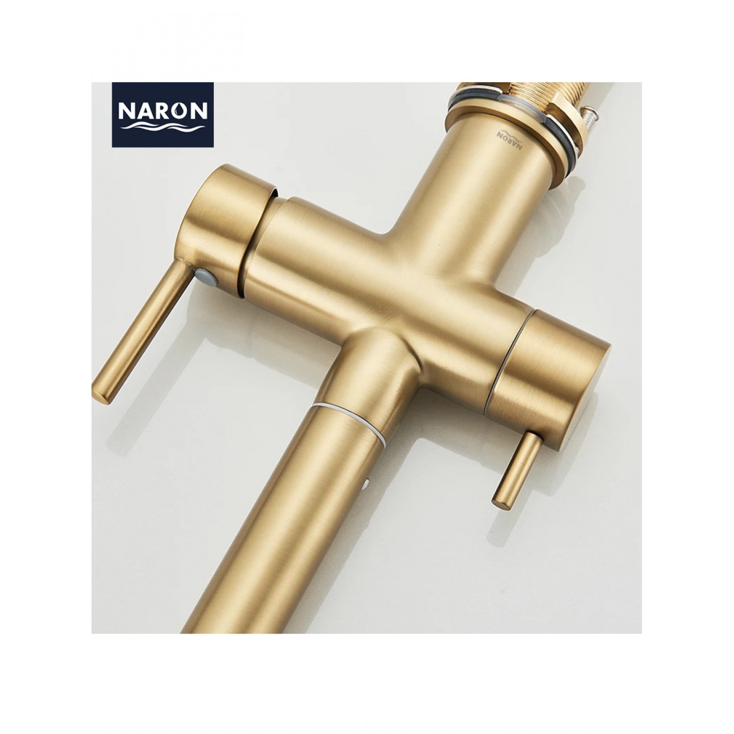 NARON Τρίοδη Μπαταρία Κουζίνας με προεκτεινόμενο ντουζ διπλής ροής NR1088 BRUSHED GOLD