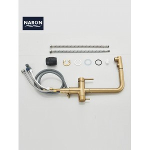 NARON Τρίοδη Μπαταρία Κουζίνας με προεκτεινόμενο ντουζ διπλής ροής NR1088 BRUSHED GOLD