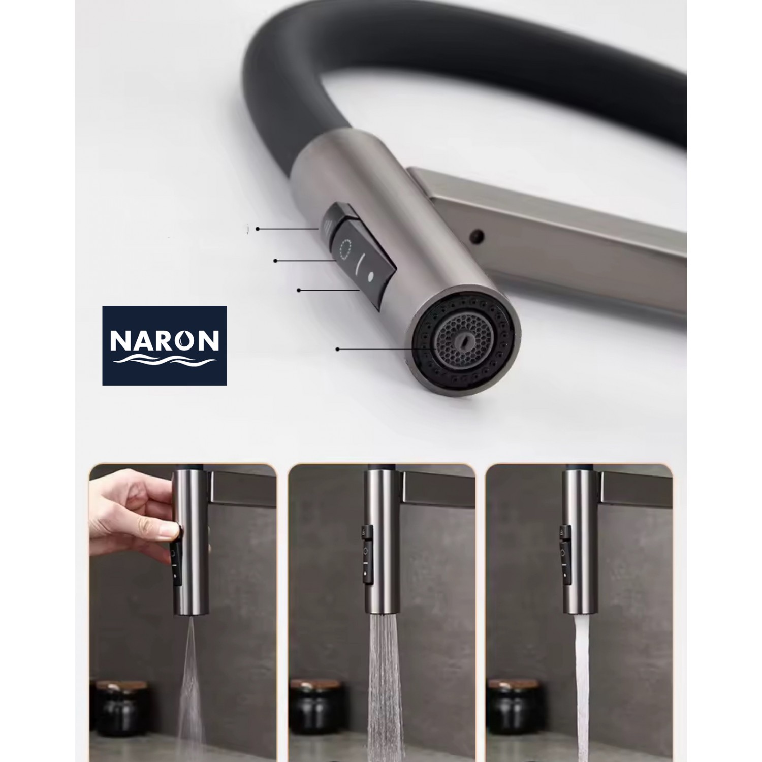NARON Ψηλή Μπαταρία κουζίνας με αποσπώμενο ντους NR1311 GUN METAL