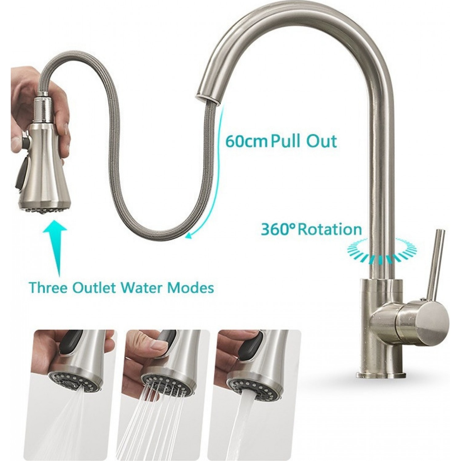 Μπαταρία Κουζίνας BRUSHED NICKEL Με Περιστρεφόμενο Ρουξούνι και Συρόμενο Ντους Διπλής Ροής MELLRAIN BR9989 BRUSHED NICKEL