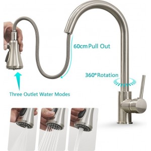 Μπαταρία Κουζίνας BRUSHED NICKEL Με Περιστρεφόμενο Ρουξούνι και Συρόμενο Ντους Διπλής Ροής MELLRAIN BR9989 BRUSHED NICKEL