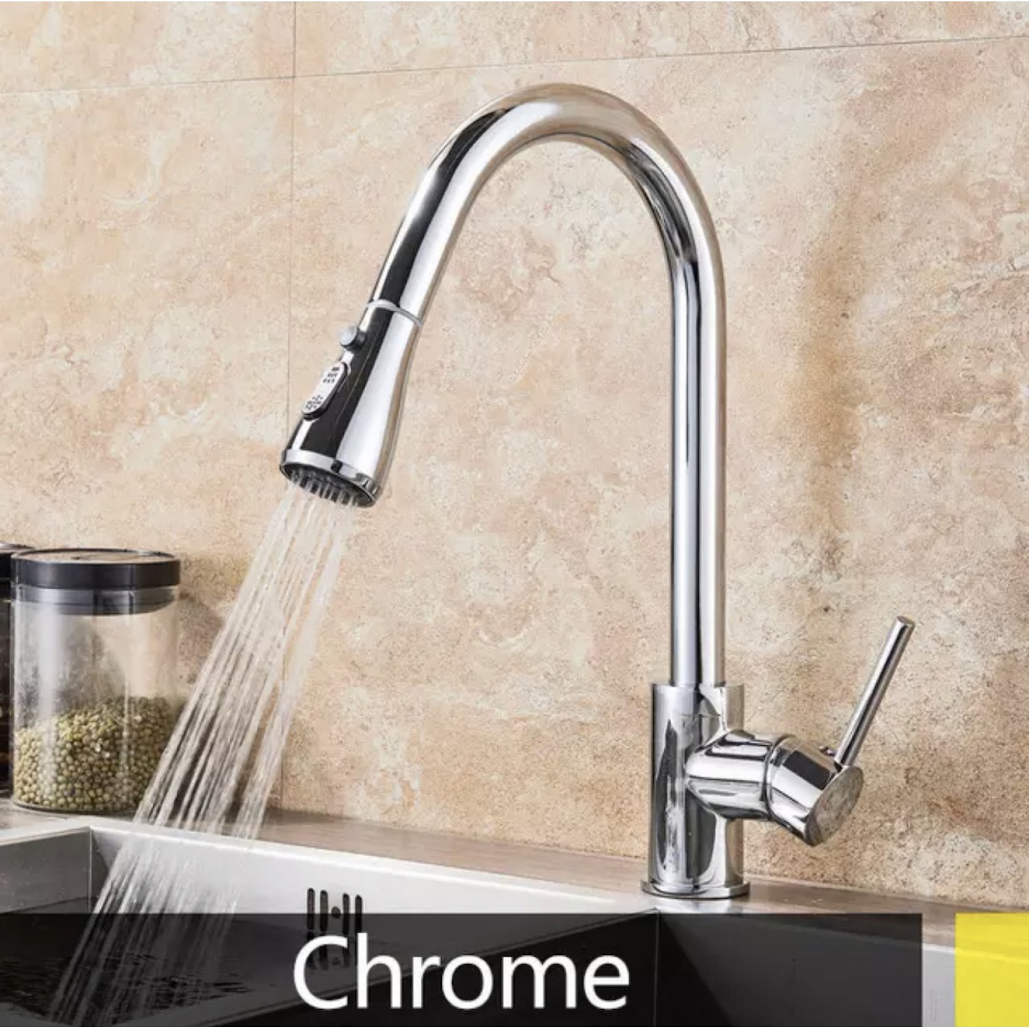 Μπαταρία Κουζίνας CHROME Με Περιστρεφόμενο Ρουξούνι και Συρόμενο Ντους Διπλής Ροής Υψος Βρύσης 41,5 εκατοστά Σπίτι-Κήπος
