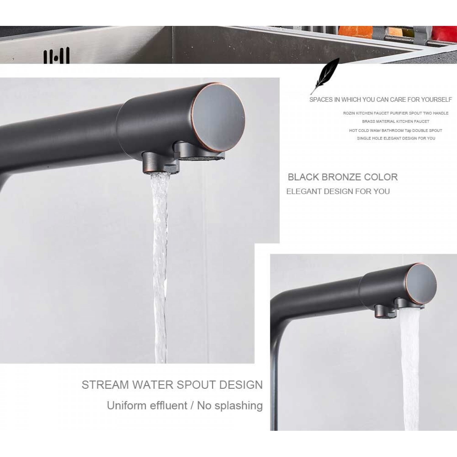 MELLRAIN Βρύση κουζίνας τρίοδη με ενσωματωμένο βρυσάκι για καθαρό νερό φίλτρου με δύο χερούλια (δεν συμπεριλαμβάνεται το φίλτρο νερού) 5-GTS BLACK BRONZE