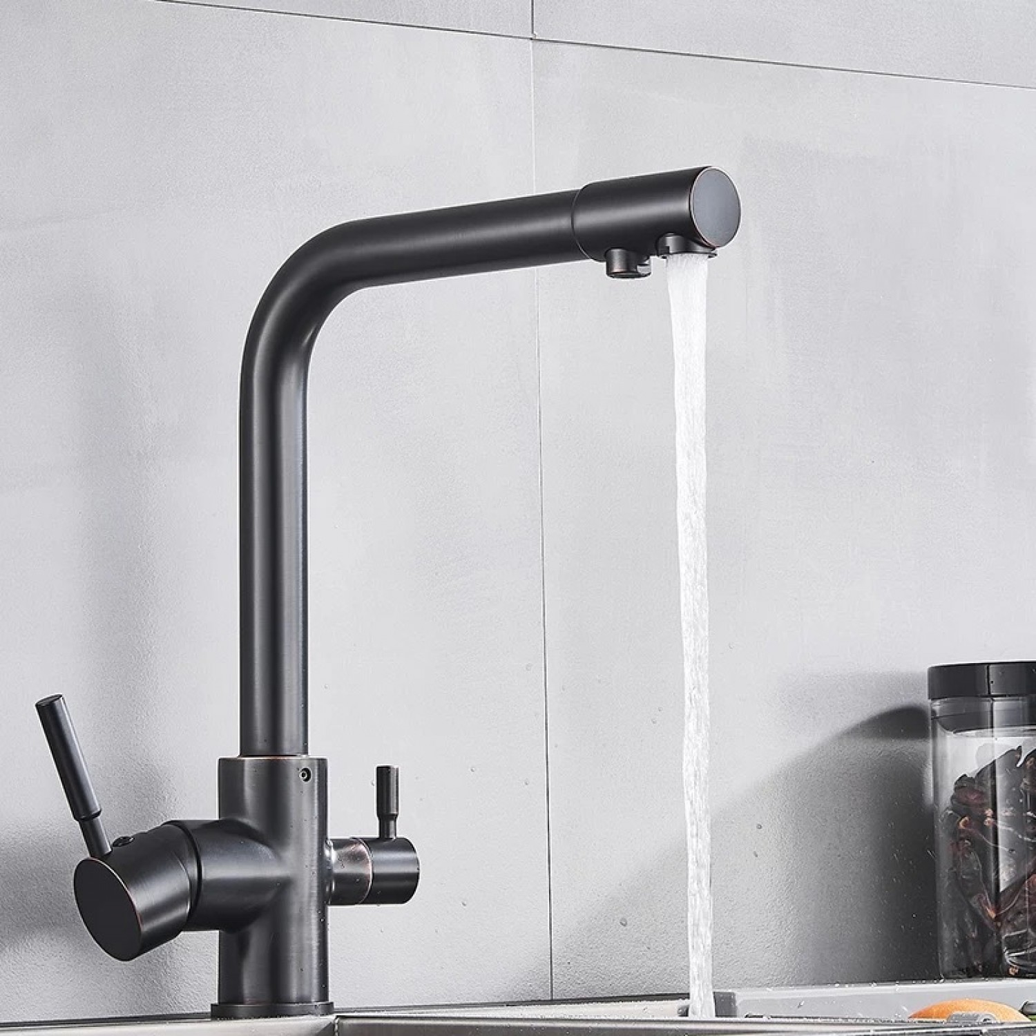 MELLRAIN Βρύση κουζίνας τρίοδη με ενσωματωμένο βρυσάκι για καθαρό νερό φίλτρου με δύο χερούλια (δεν συμπεριλαμβάνεται το φίλτρο νερού) 5-GTS BLACK BRONZE