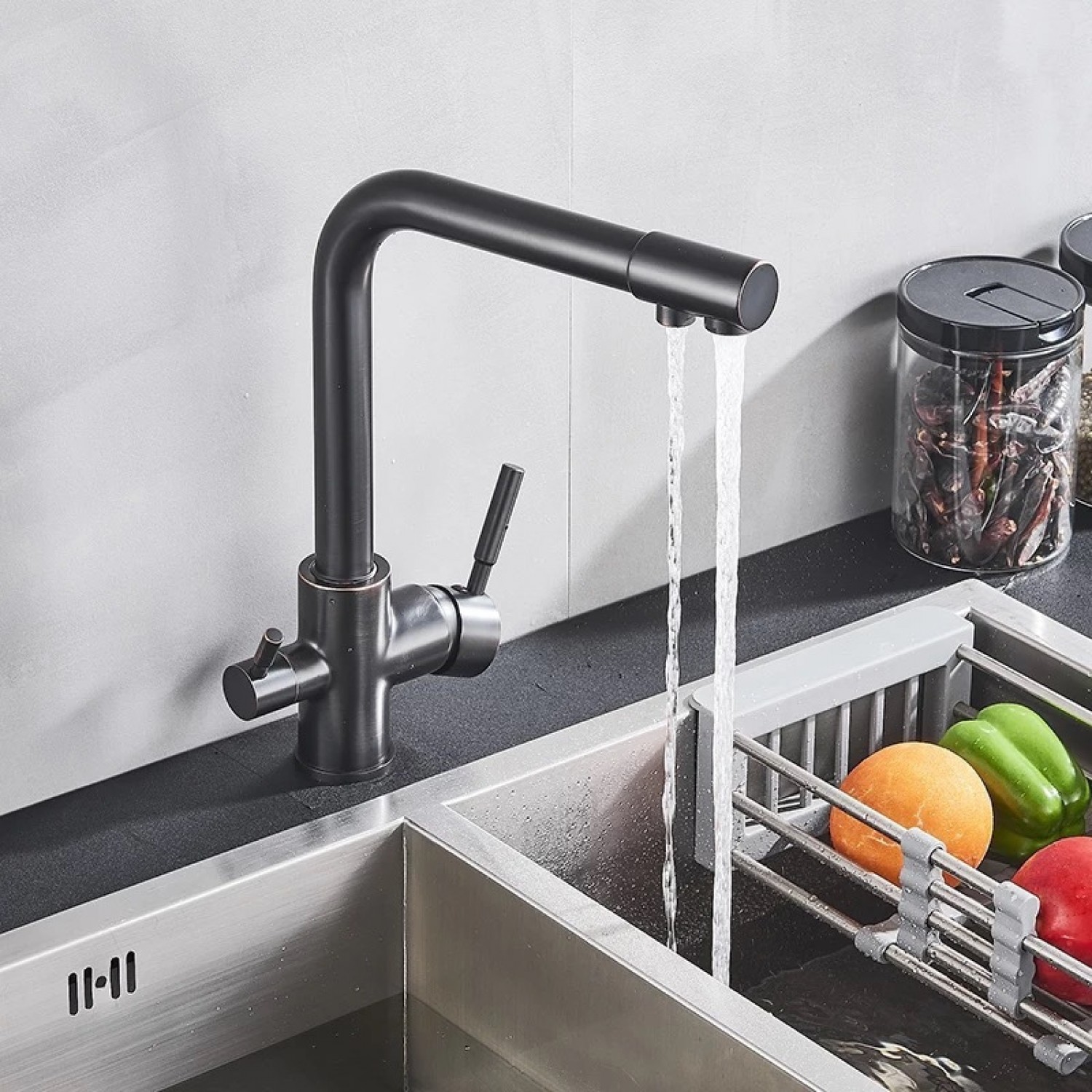 MELLRAIN Βρύση κουζίνας τρίοδη με ενσωματωμένο βρυσάκι για καθαρό νερό φίλτρου με δύο χερούλια (δεν συμπεριλαμβάνεται το φίλτρο νερού) 5-GTS BLACK BRONZE