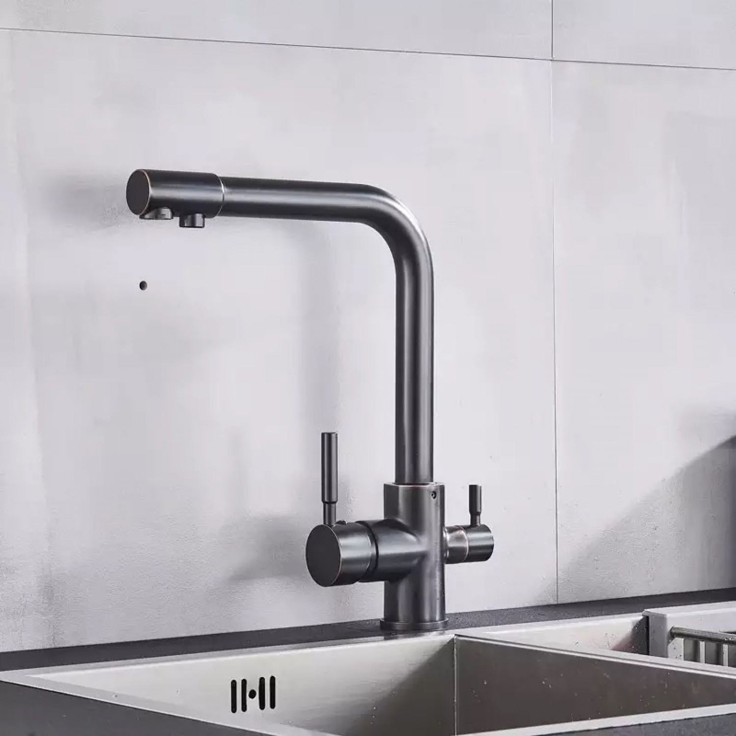 MELLRAIN Βρύση κουζίνας τρίοδη με ενσωματωμένο βρυσάκι για καθαρό νερό φίλτρου με δύο χερούλια (δεν συμπεριλαμβάνεται το φίλτρο νερού) 5-GTS BLACK BRONZE