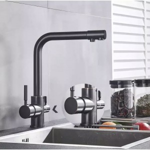 MELLRAIN Βρύση κουζίνας τρίοδη με ενσωματωμένο βρυσάκι για καθαρό νερό φίλτρου με δύο χερούλια (δεν συμπεριλαμβάνεται το φίλτρο νερού) 5-GTS BLACK BRONZE