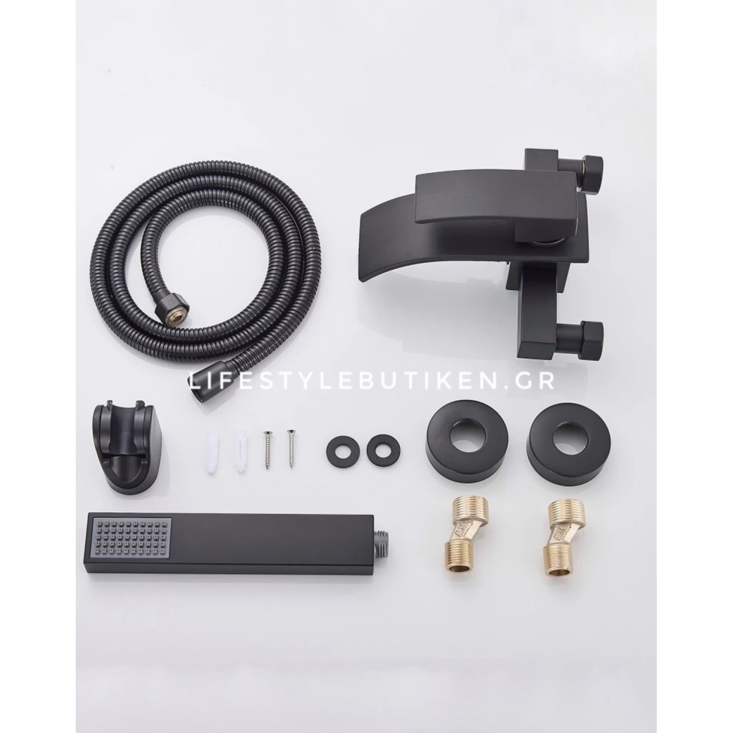 NARON Σετ αναμεικτική μπαταρία μπάνιου καταρράκτης με ντουζ και βάση στήριξης BR3019 Black Mat