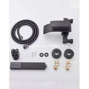 NARON Σετ αναμεικτική μπαταρία μπάνιου καταρράκτης με ντουζ και βάση στήριξης BR3019 Black Mat