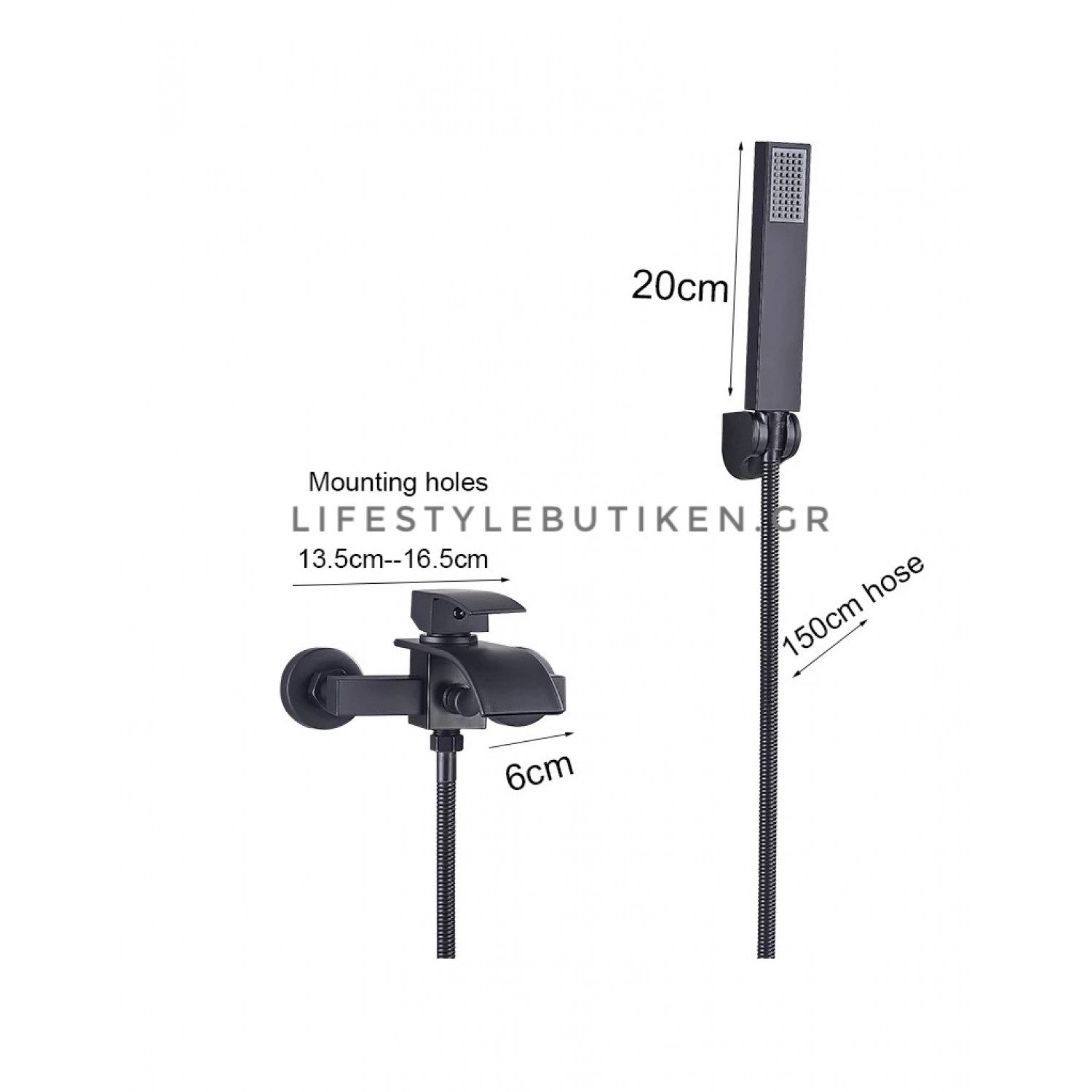 NARON Σετ αναμεικτική μπαταρία μπάνιου καταρράκτης με ντουζ και βάση στήριξης BR3019 Black Mat