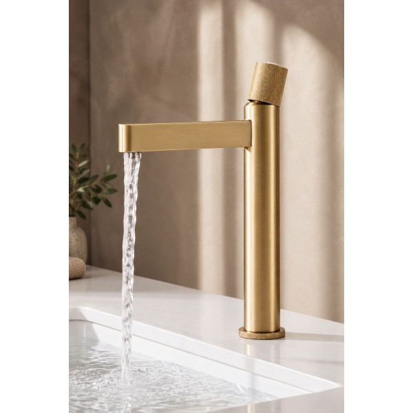 NARON Ψηλή Αναμεικτική Μπαταρία Νιπτήρα FZ5502 Brushed Gold (Ματ Χρυσό) με Knurled Λαβή