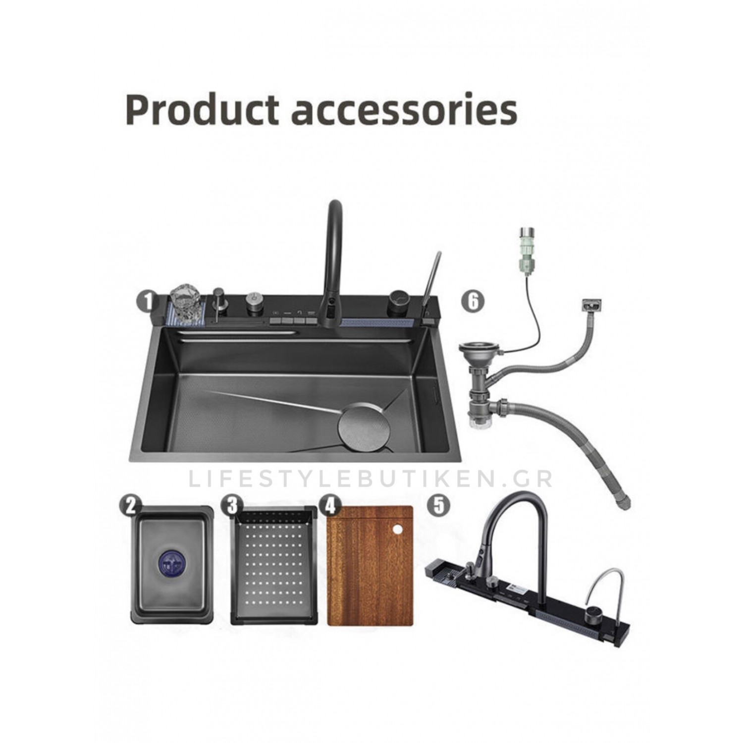 NARON Μοντέρνο υψηλής ποιότητας χειροποίητο σετ νεροχύτη κουζίνας από ανοξείδωτο ατσάλι 304 μονό με ψηφιακή οθόνη καταρράκτη σετ νεροχύτη με βρύση κουζίνας NR-6521 GUN METAL