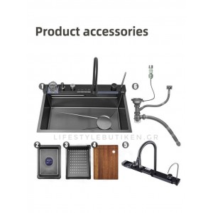 NARON Μοντέρνο υψηλής ποιότητας χειροποίητο σετ νεροχύτη κουζίνας από ανοξείδωτο ατσάλι 304 μονό με ψηφιακή οθόνη καταρράκτη σετ νεροχύτη με βρύση κουζίνας NR-6521 GUN METAL