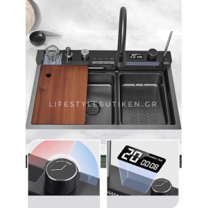 NARON Μοντέρνο υψηλής ποιότητας χειροποίητο σετ νεροχύτη κουζίνας από ανοξείδωτο ατσάλι 304 μονό με ψηφιακή οθόνη καταρράκτη σετ νεροχύτη με βρύση κουζίνας NR-6521 GUN METAL