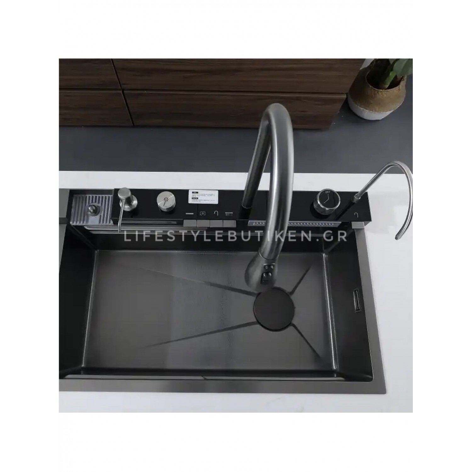 NARON Μοντέρνο υψηλής ποιότητας χειροποίητο σετ νεροχύτη κουζίνας από ανοξείδωτο ατσάλι 304 μονό με ψηφιακή οθόνη καταρράκτη σετ νεροχύτη με βρύση κουζίνας NR-6521 GUN METAL