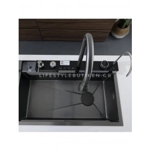 NARON Μοντέρνο υψηλής ποιότητας χειροποίητο σετ νεροχύτη κουζίνας από ανοξείδωτο ατσάλι 304 μονό με ψηφιακή οθόνη καταρράκτη σετ νεροχύτη με βρύση κουζίνας NR-6521 GUN METAL