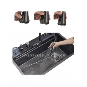 NARON Μοντέρνο υψηλής ποιότητας χειροποίητο σετ νεροχύτη κουζίνας από ανοξείδωτο ατσάλι 304 μονό με ψηφιακή οθόνη καταρράκτη σετ νεροχύτη με βρύση κουζίνας NR-6521 GUN METAL