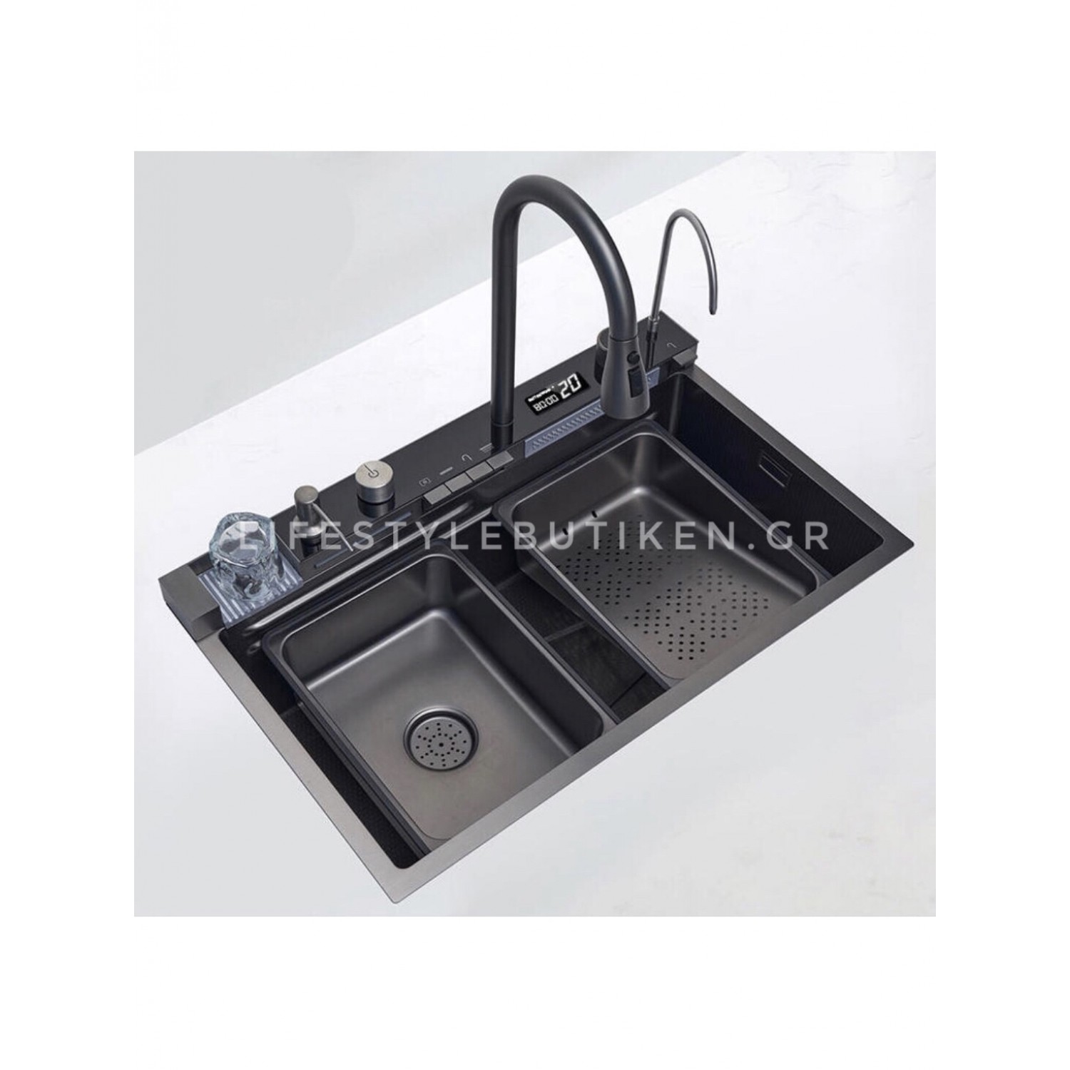 NARON Μοντέρνο υψηλής ποιότητας χειροποίητο σετ νεροχύτη κουζίνας από ανοξείδωτο ατσάλι 304 μονό με ψηφιακή οθόνη καταρράκτη σετ νεροχύτη με βρύση κουζίνας NR-6521 GUN METAL