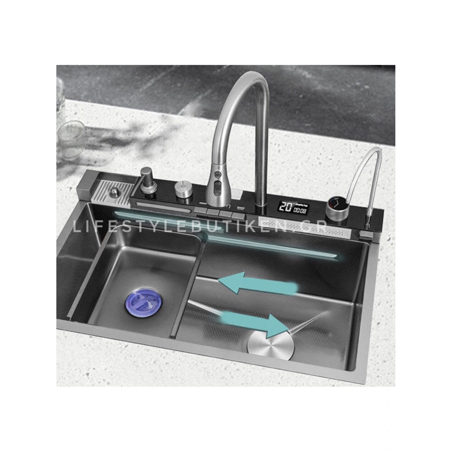 NARON Μοντέρνο υψηλής ποιότητας χειροποίητο σετ νεροχύτη κουζίνας από ανοξείδωτο ατσάλι 304 μονό με ψηφιακή οθόνη καταρράκτη σετ νεροχύτη με βρύση κουζίνας NR-6521 GUN METAL