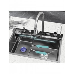 NARON Μοντέρνο υψηλής ποιότητας χειροποίητο σετ νεροχύτη κουζίνας από ανοξείδωτο ατσάλι 304 μονό με ψηφιακή οθόνη καταρράκτη σετ νεροχύτη με βρύση κουζίνας NR-6521 GUN METAL