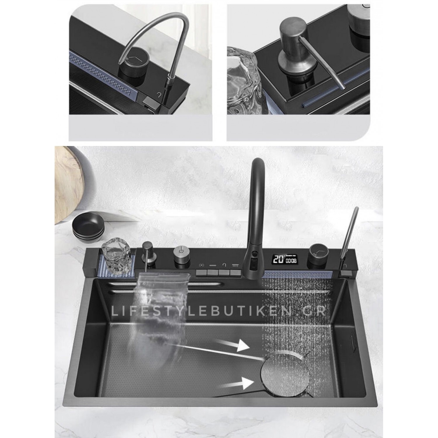 NARON Μοντέρνο υψηλής ποιότητας χειροποίητο σετ νεροχύτη κουζίνας από ανοξείδωτο ατσάλι 304 μονό με ψηφιακή οθόνη καταρράκτη σετ νεροχύτη με βρύση κουζίνας NR-6521 GUN METAL