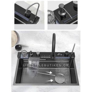 NARON Μοντέρνο υψηλής ποιότητας χειροποίητο σετ νεροχύτη κουζίνας από ανοξείδωτο ατσάλι 304 μονό με ψηφιακή οθόνη καταρράκτη σετ νεροχύτη με βρύση κουζίνας NR-6521 GUN METAL