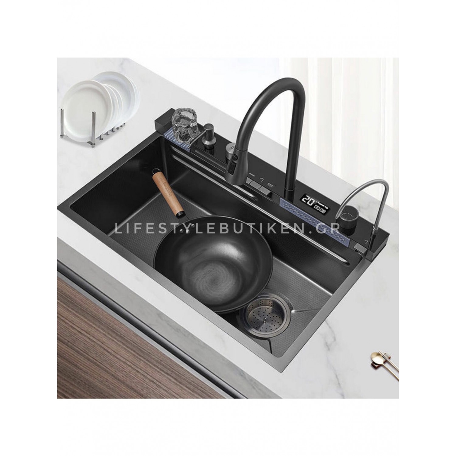 NARON Μοντέρνο υψηλής ποιότητας χειροποίητο σετ νεροχύτη κουζίνας από ανοξείδωτο ατσάλι 304 μονό με ψηφιακή οθόνη καταρράκτη σετ νεροχύτη με βρύση κουζίνας NR-6521 GUN METAL