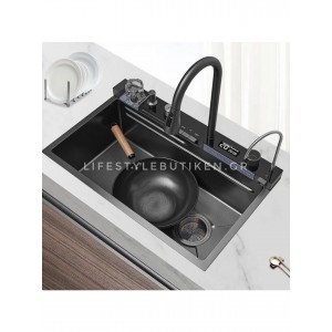 NARON Μοντέρνο υψηλής ποιότητας χειροποίητο σετ νεροχύτη κουζίνας από ανοξείδωτο ατσάλι 304 μονό με ψηφιακή οθόνη καταρράκτη σετ νεροχύτη με βρύση κουζίνας NR-6521 GUN METAL