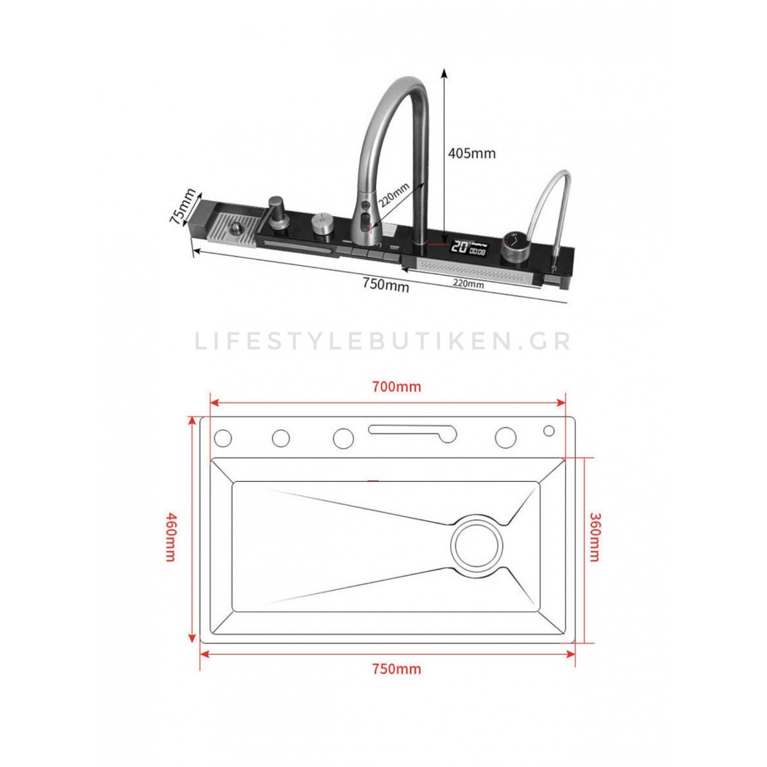 NARON Μοντέρνο υψηλής ποιότητας χειροποίητο σετ νεροχύτη κουζίνας από ανοξείδωτο ατσάλι 304 μονό με ψηφιακή οθόνη καταρράκτη σετ νεροχύτη με βρύση κουζίνας NR-6521 GUN METAL