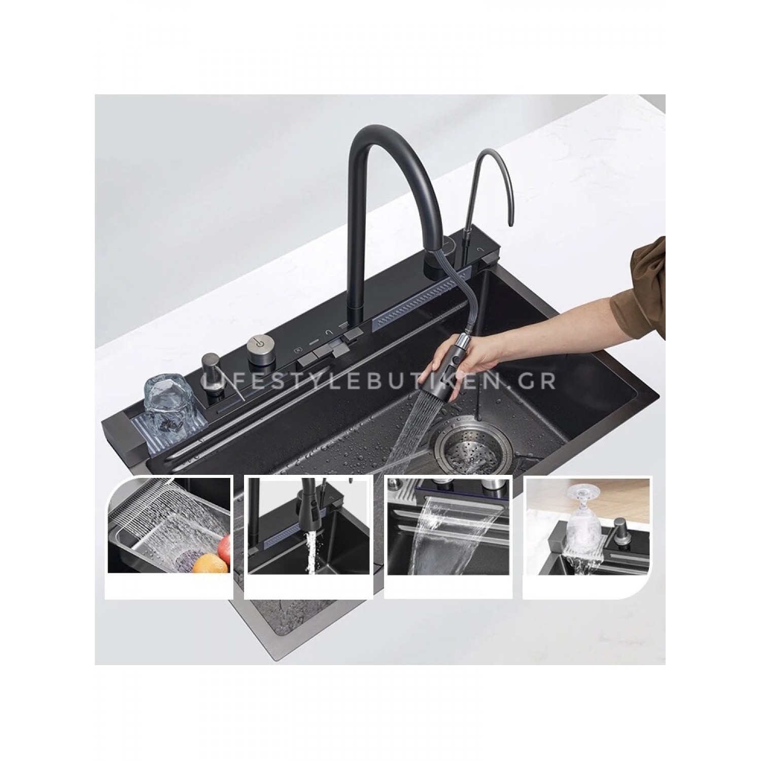 NARON Μοντέρνο υψηλής ποιότητας χειροποίητο σετ νεροχύτη κουζίνας από ανοξείδωτο ατσάλι 304 μονό με ψηφιακή οθόνη καταρράκτη σετ νεροχύτη με βρύση κουζίνας NR-6521 GUN METAL