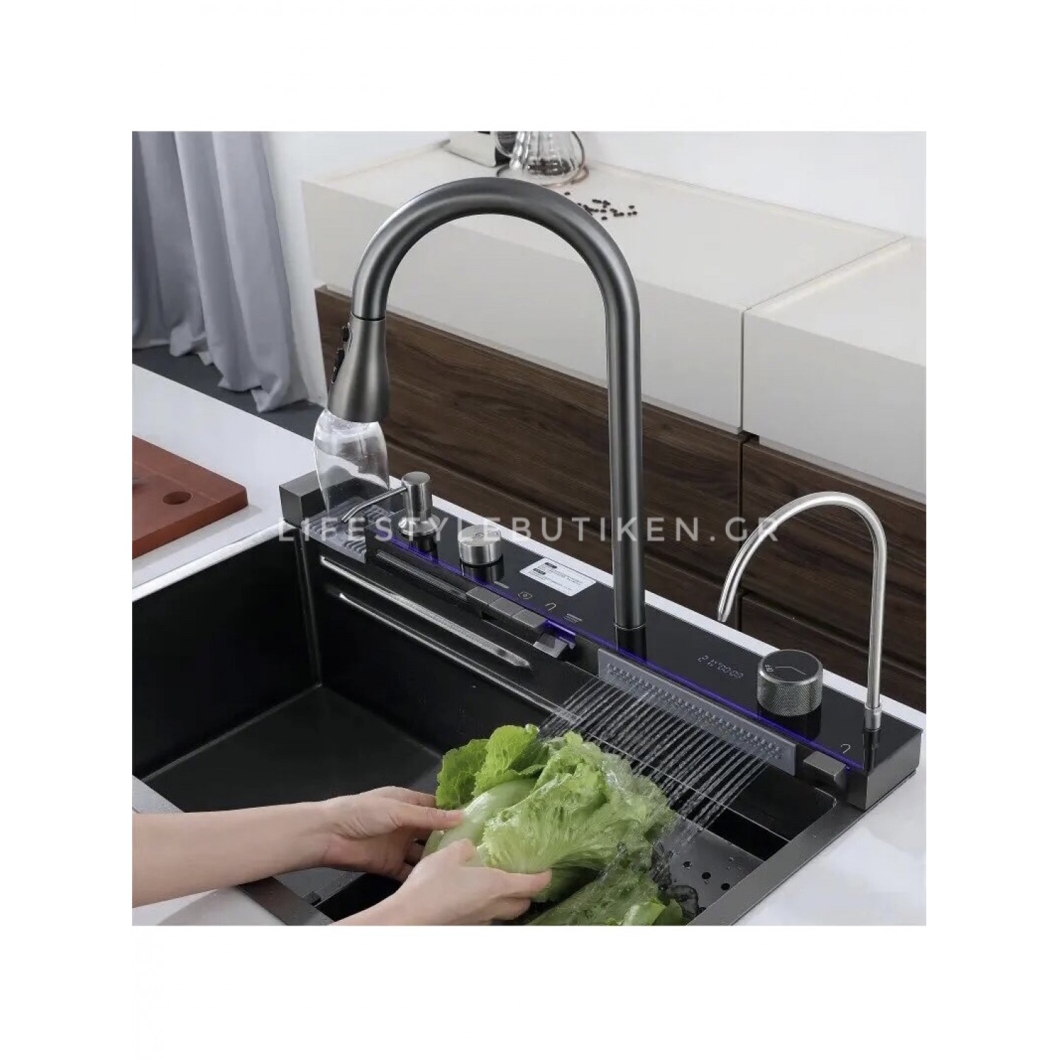 NARON Μοντέρνο υψηλής ποιότητας χειροποίητο σετ νεροχύτη κουζίνας από ανοξείδωτο ατσάλι 304 μονό με ψηφιακή οθόνη καταρράκτη σετ νεροχύτη με βρύση κουζίνας NR-6521 GUN METAL