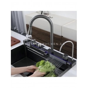 NARON Μοντέρνο υψηλής ποιότητας χειροποίητο σετ νεροχύτη κουζίνας από ανοξείδωτο ατσάλι 304 μονό με ψηφιακή οθόνη καταρράκτη σετ νεροχύτη με βρύση κουζίνας NR-6521 GUN METAL