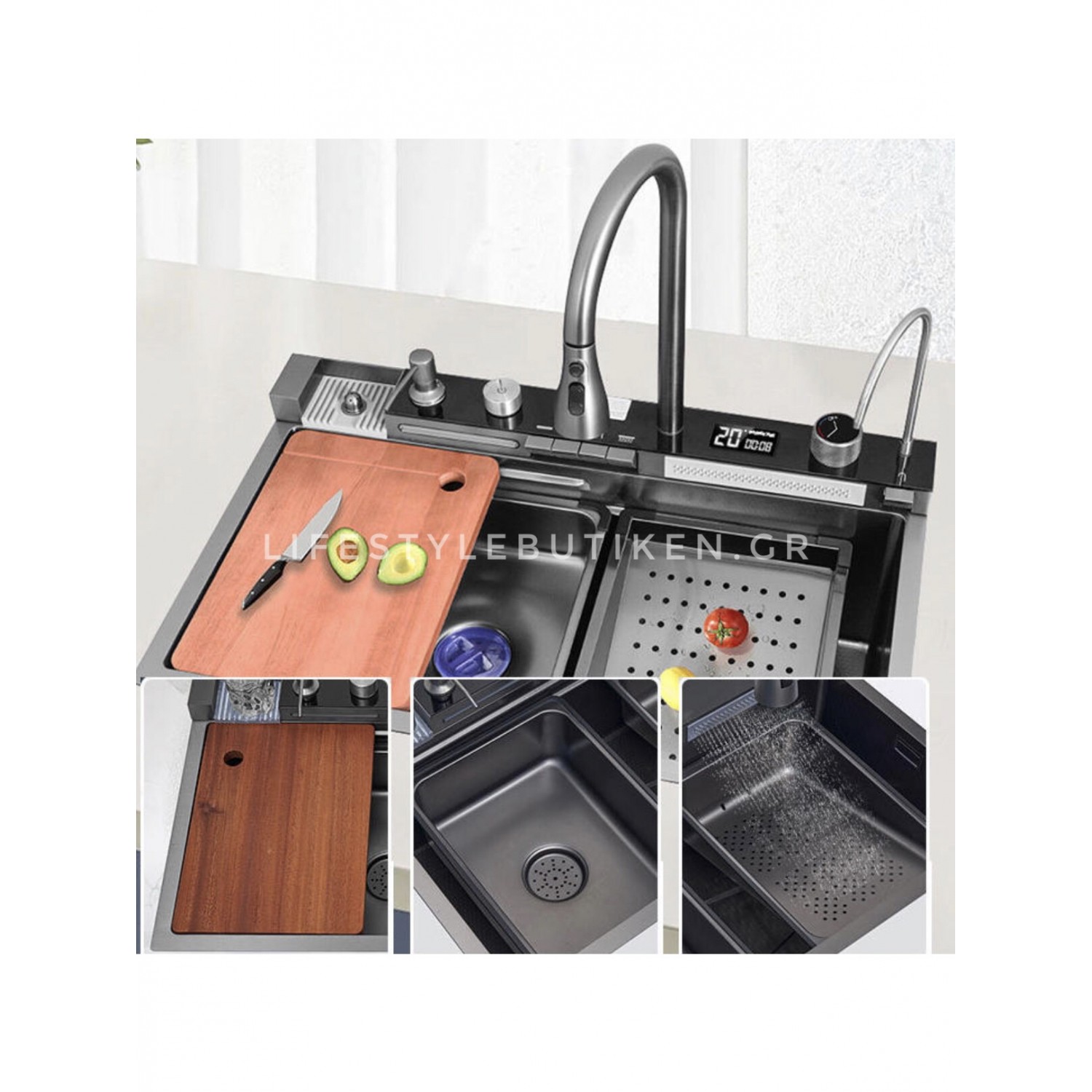 NARON Μοντέρνο υψηλής ποιότητας χειροποίητο σετ νεροχύτη κουζίνας από ανοξείδωτο ατσάλι 304 μονό με ψηφιακή οθόνη καταρράκτη σετ νεροχύτη με βρύση κουζίνας NR-6521 GUN METAL