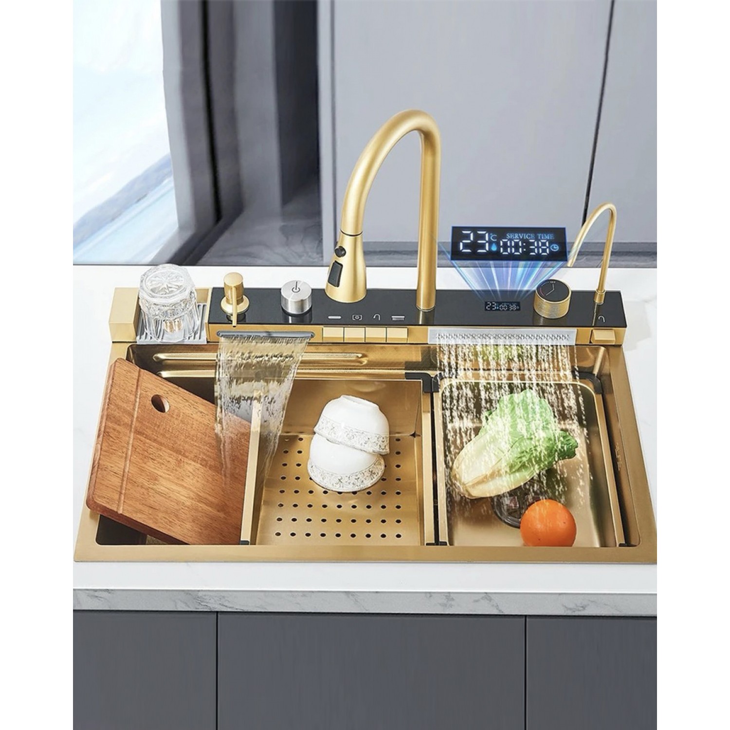 NARON Πολυλειτουργικό χειροποίητο σετ νεροχύτη κουζίνας από ανοξείδωτο ατσάλι 304 μονό με ψηφιακή οθόνη καταρράκτη σετ νεροχύτη με βρύση κουζίνας NR-5521BG BRUSHED GOLD