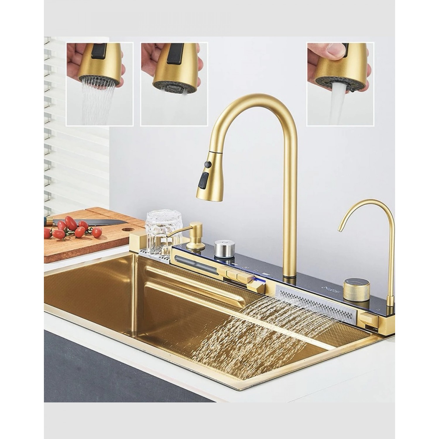 NARON Πολυλειτουργικό χειροποίητο σετ νεροχύτη κουζίνας από ανοξείδωτο ατσάλι 304 μονό με ψηφιακή οθόνη καταρράκτη σετ νεροχύτη με βρύση κουζίνας NR-5521BG BRUSHED GOLD